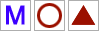 Blaues M, roter Ring, rotes Dreieck